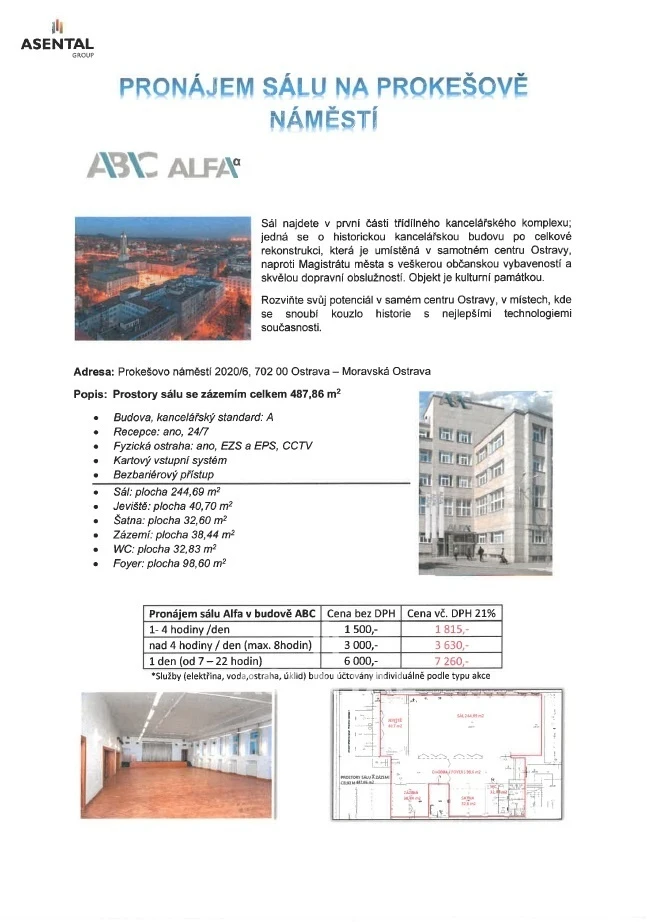 Pronájem sálu se zázemím, 488 m²